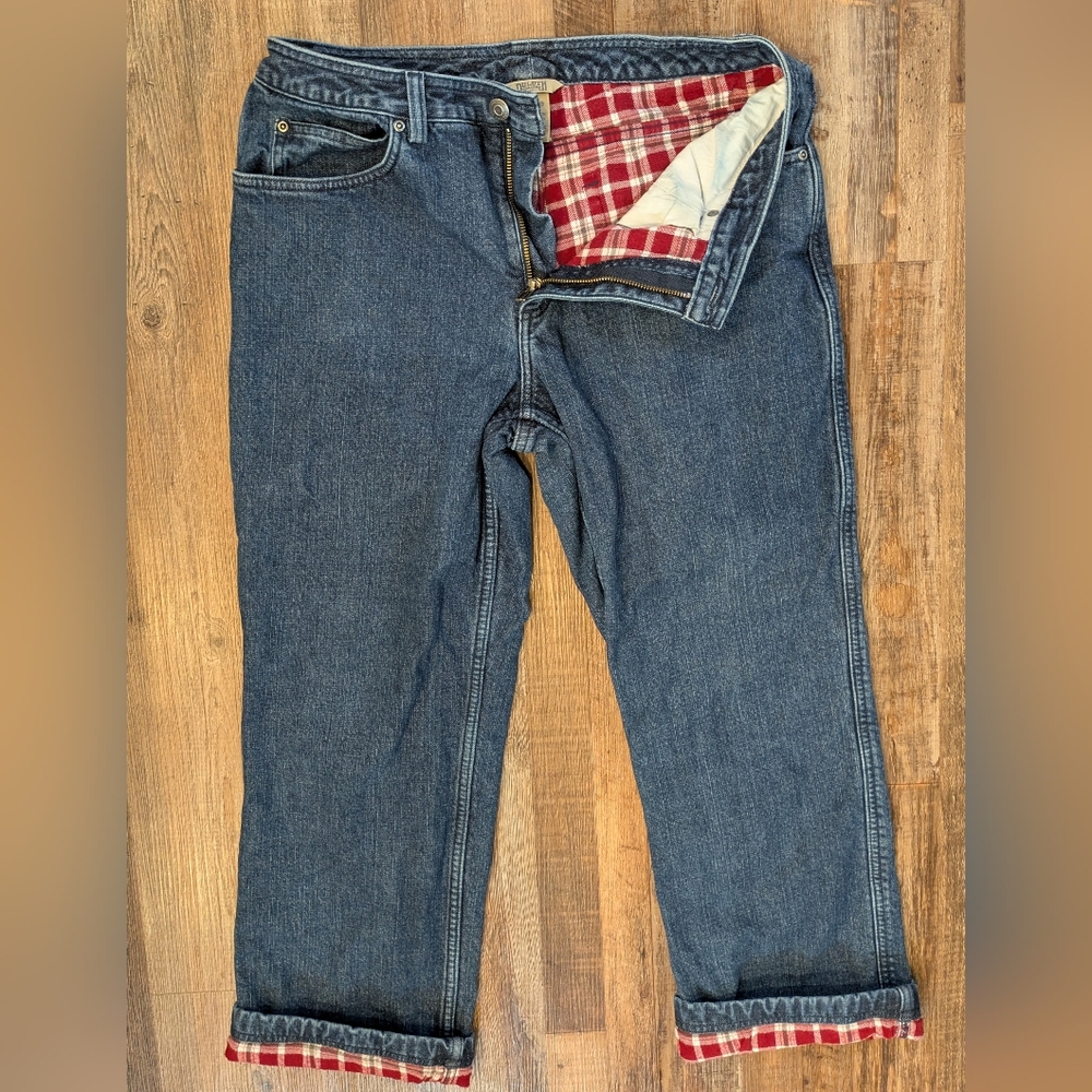Duluth Trading Co Women's Red Plaid Flannel Lined Jeans Sz 10/29